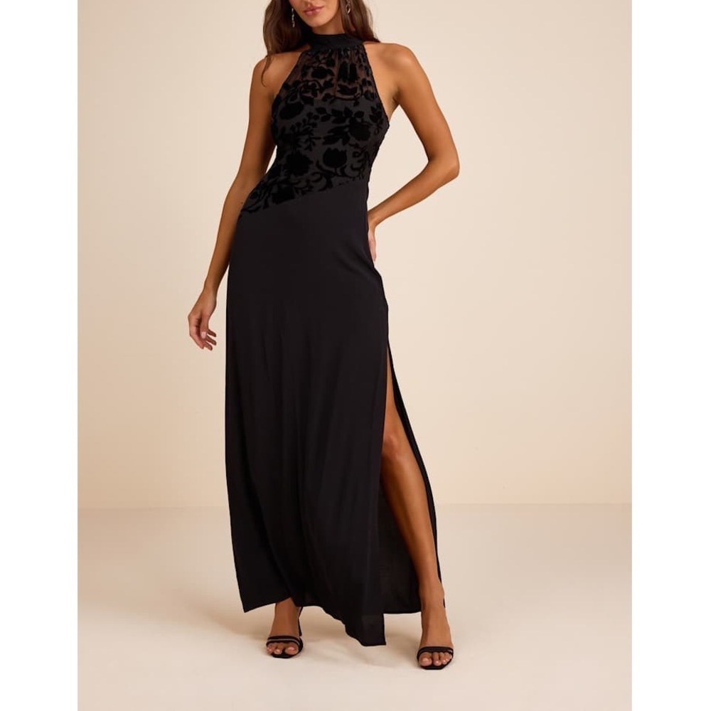 NWT Lulus Lovella Black Velvet Burnout Chiffon Maxi Dress XL